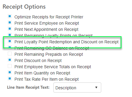 receipt options loyalty points redeemed