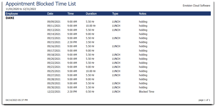 appointment reports block time list