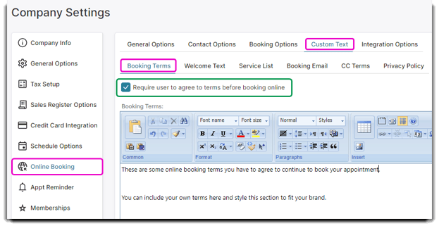 company settings booking custom text
