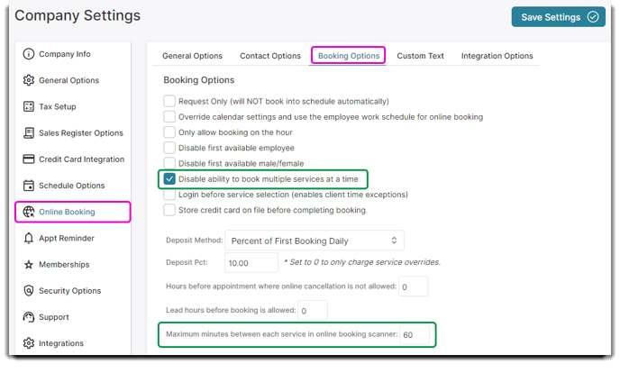 company settings booking multiple services