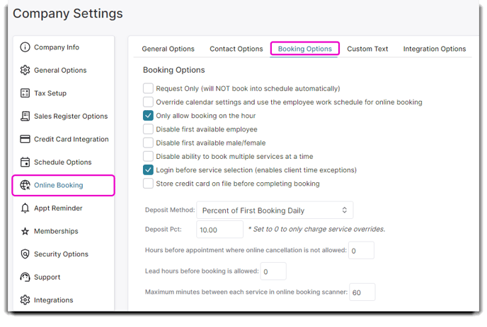 company settings booking options