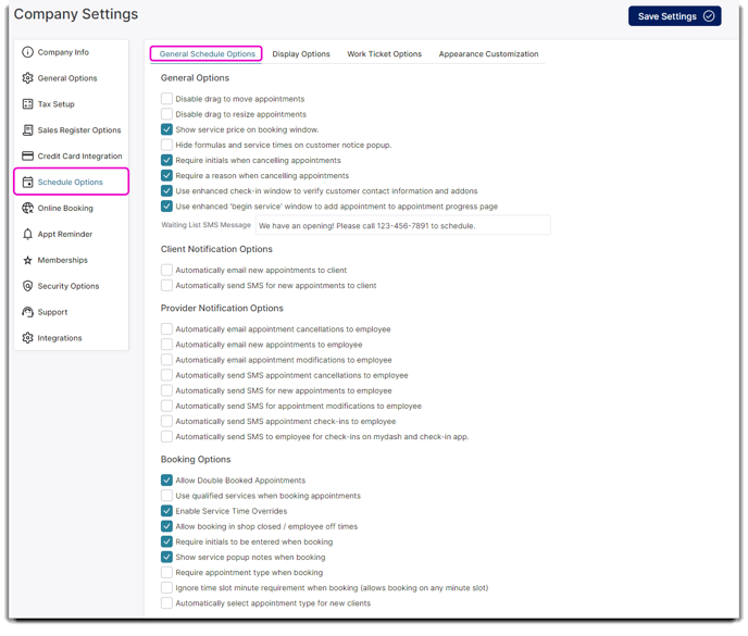 company settings general schedule options