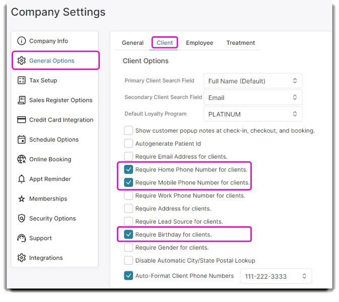 company settings online booking options