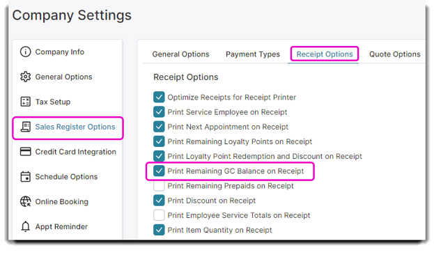 company settings print gc balanc