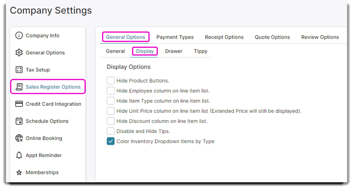 sales register display settings