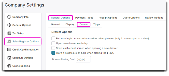 sales register drawer settings